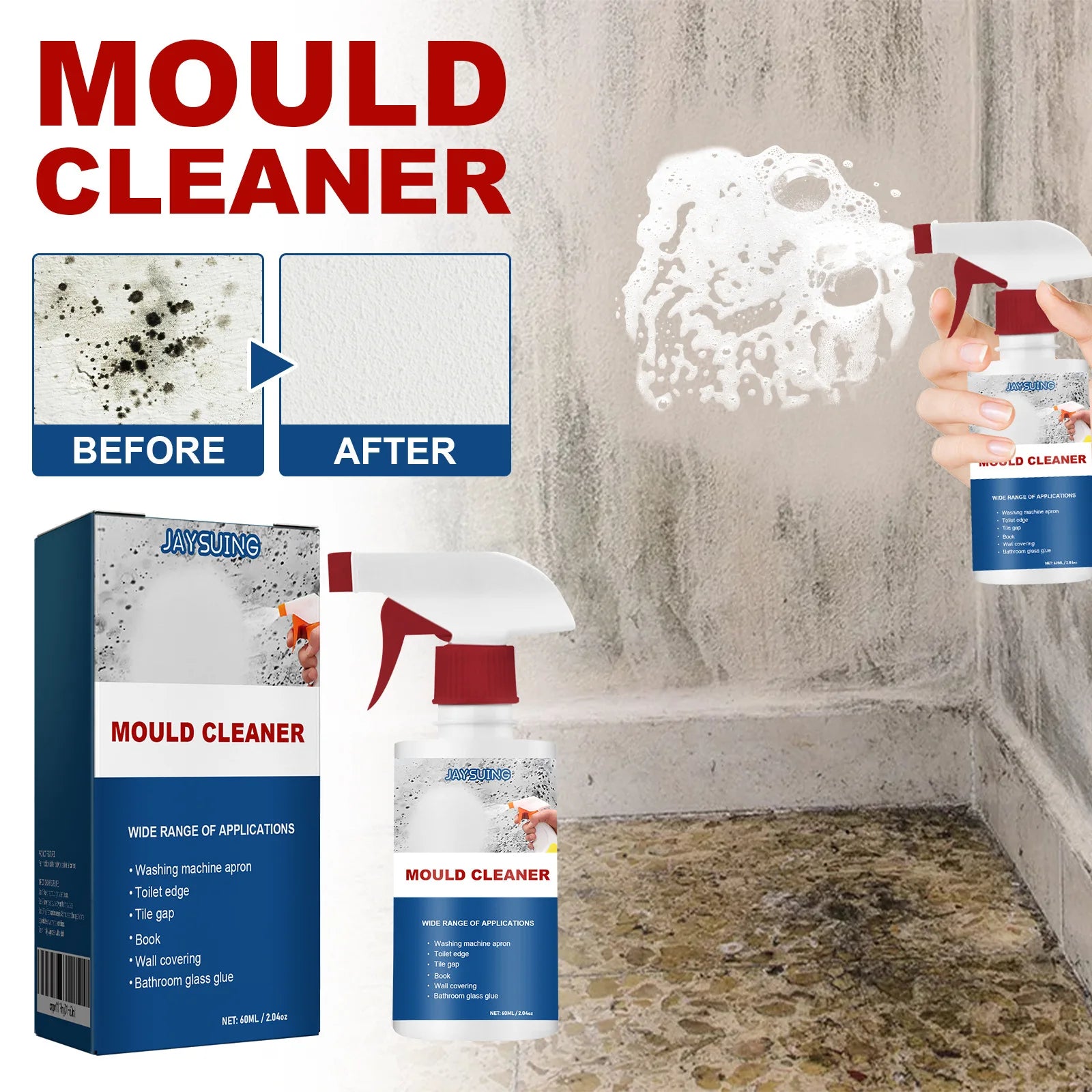 Mold & Mildew Remover Spray – Kitchen & Bathroom Cleaner Foam | Powerful Stain & Grout Cleaner for Tiles, Walls, Toilet & Shower Surfaces