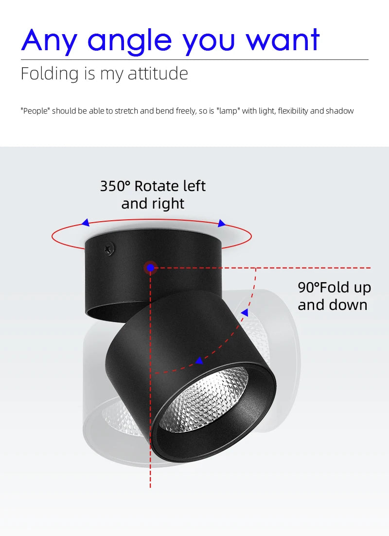 Adjustable LED Downlight 220V – Foldable COB Ceiling Spotlight | Ultra Thin Surface Mounted Light for Kitchen, Living Room & Indoor Lighting