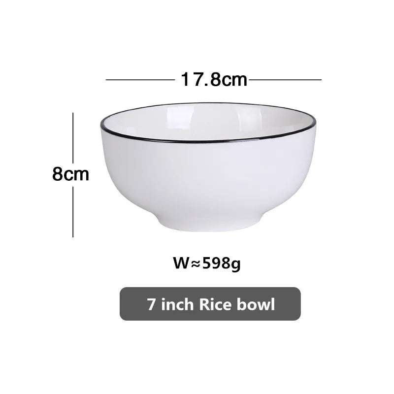Modern Ceramic Dinner Plate – White Plate with Black Rim | Minimalist Round Dish for Rice, Salad, Pasta & Soup | Kitchen & Dining Tableware