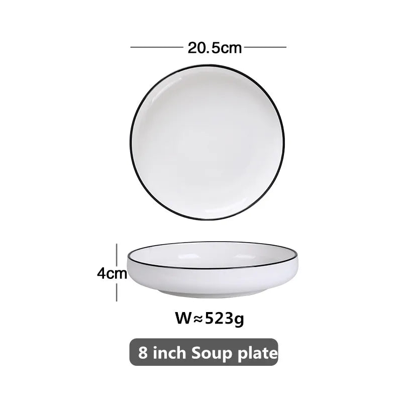 Modern Ceramic Dinner Plate – White Plate with Black Rim | Minimalist Round Dish for Rice, Salad, Pasta & Soup | Kitchen & Dining Tableware