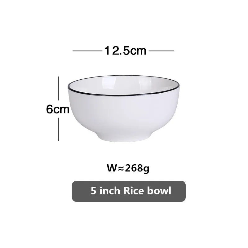 Modern Ceramic Dinner Plate – White Plate with Black Rim | Minimalist Round Dish for Rice, Salad, Pasta & Soup | Kitchen & Dining Tableware
