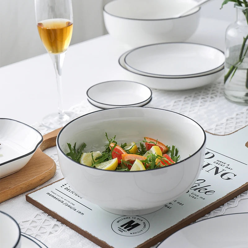 Modern Ceramic Dinner Plate – White Plate with Black Rim | Minimalist Round Dish for Rice, Salad, Pasta & Soup | Kitchen & Dining Tableware