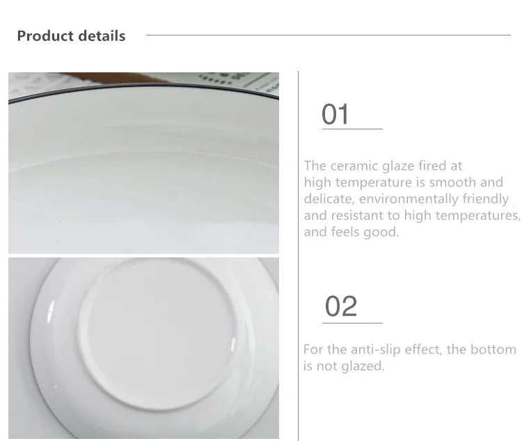 Modern Ceramic Dinner Plate – White Plate with Black Rim | Minimalist Round Dish for Rice, Salad, Pasta & Soup | Kitchen & Dining Tableware