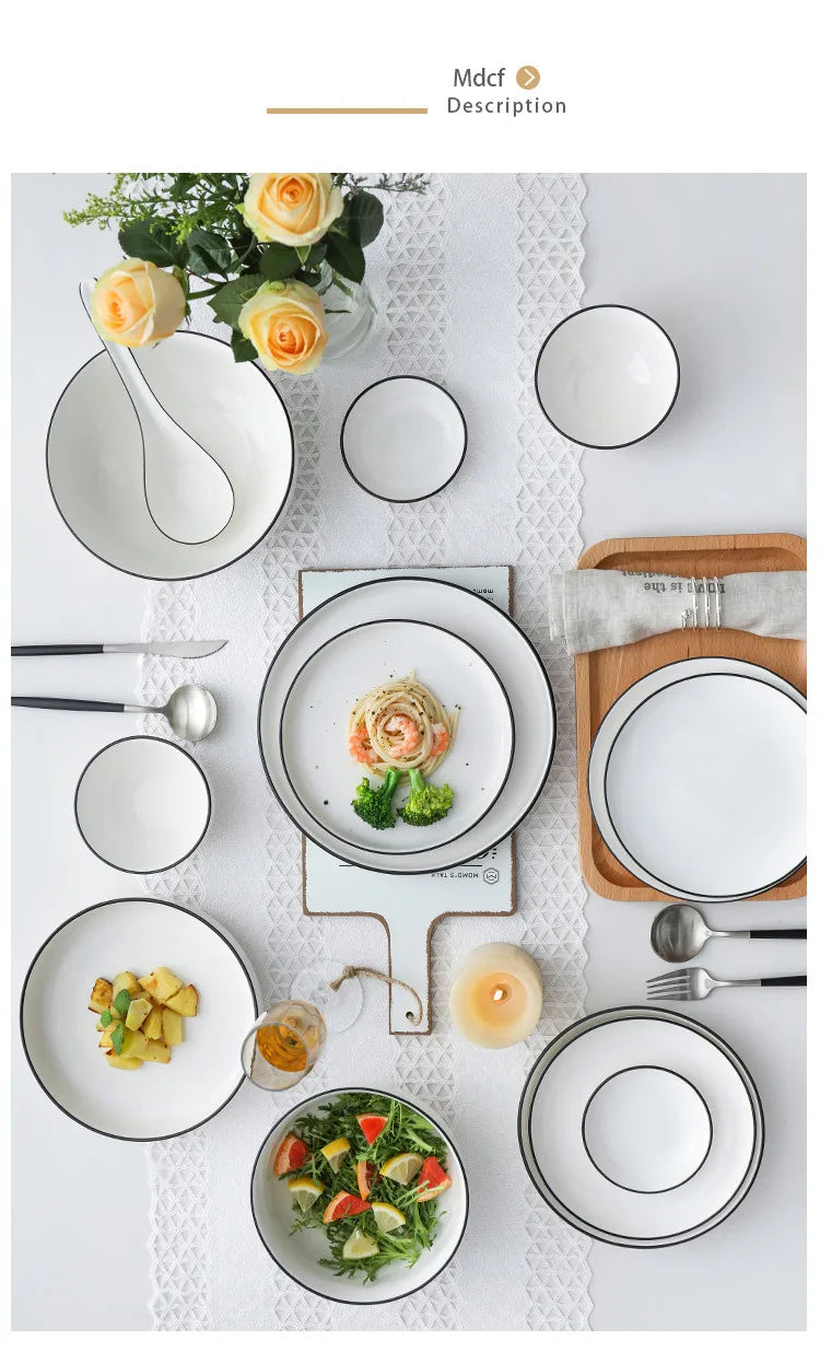 Modern Ceramic Dinner Plate – White Plate with Black Rim | Minimalist Round Dish for Rice, Salad, Pasta & Soup | Kitchen & Dining Tableware