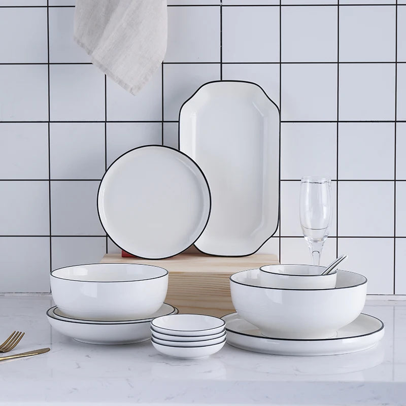 Modern Ceramic Dinner Plate – White Plate with Black Rim | Minimalist Round Dish for Rice, Salad, Pasta & Soup | Kitchen & Dining Tableware