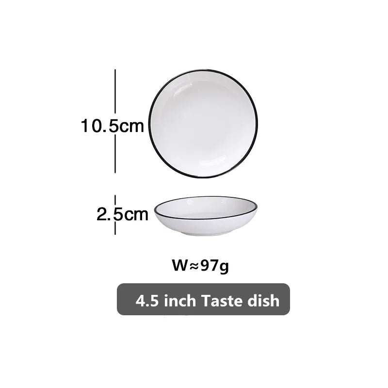 Modern Ceramic Dinner Plate – White Plate with Black Rim | Minimalist Round Dish for Rice, Salad, Pasta & Soup | Kitchen & Dining Tableware