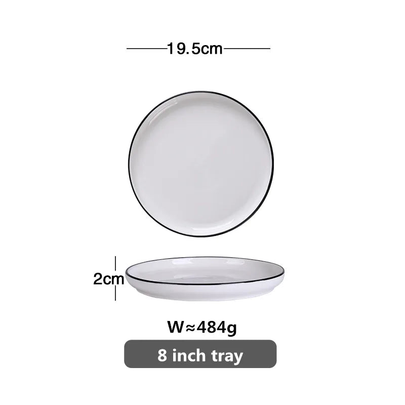 Modern Ceramic Dinner Plate – White Plate with Black Rim | Minimalist Round Dish for Rice, Salad, Pasta & Soup | Kitchen & Dining Tableware