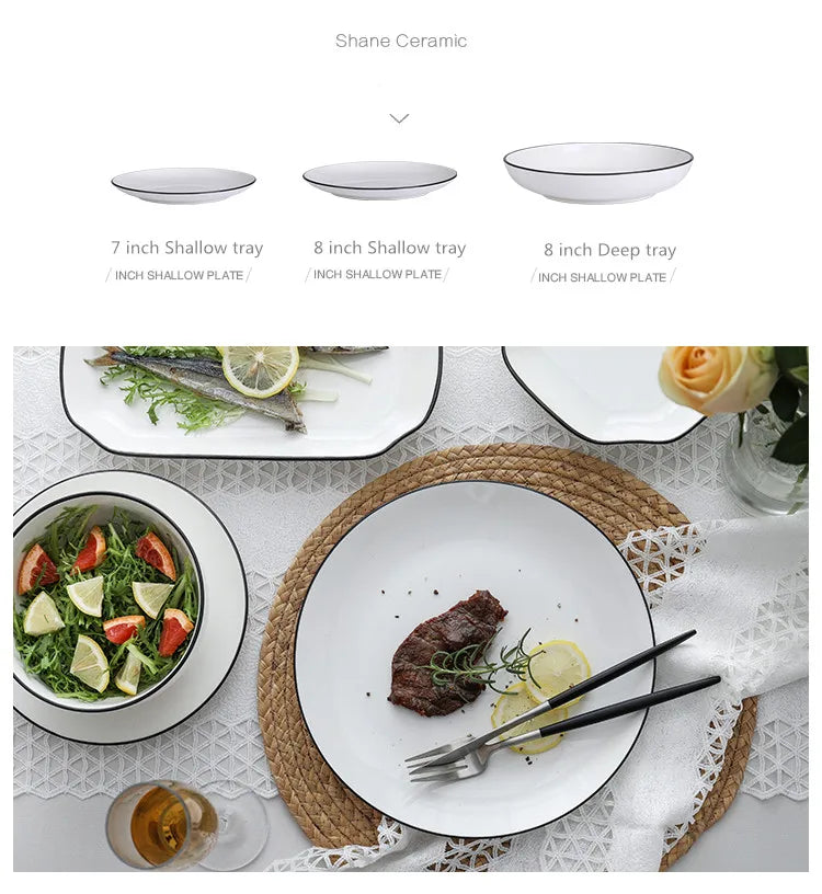 Modern Ceramic Dinner Plate – White Plate with Black Rim | Minimalist Round Dish for Rice, Salad, Pasta & Soup | Kitchen & Dining Tableware