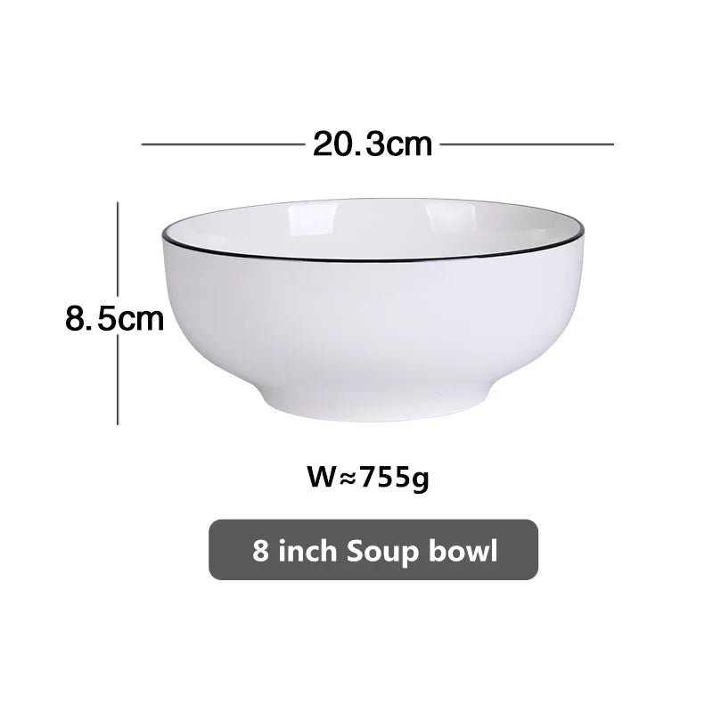 Modern Ceramic Dinner Plate – White Plate with Black Rim | Minimalist Round Dish for Rice, Salad, Pasta & Soup | Kitchen & Dining Tableware