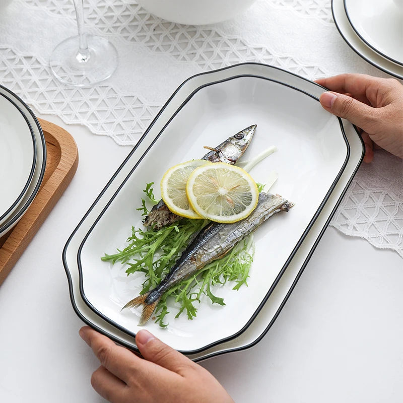 Modern Ceramic Dinner Plate – White Plate with Black Rim | Minimalist Round Dish for Rice, Salad, Pasta & Soup | Kitchen & Dining Tableware