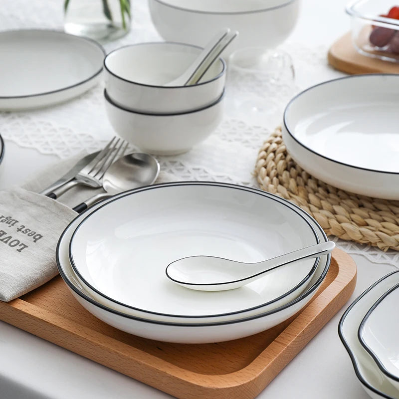 Modern Ceramic Dinner Plate – White Plate with Black Rim | Minimalist Round Dish for Rice, Salad, Pasta & Soup | Kitchen & Dining Tableware