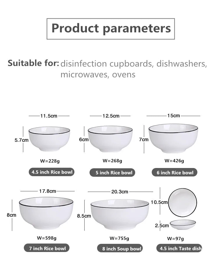 Modern Ceramic Dinner Plate – White Plate with Black Rim | Minimalist Round Dish for Rice, Salad, Pasta & Soup | Kitchen & Dining Tableware