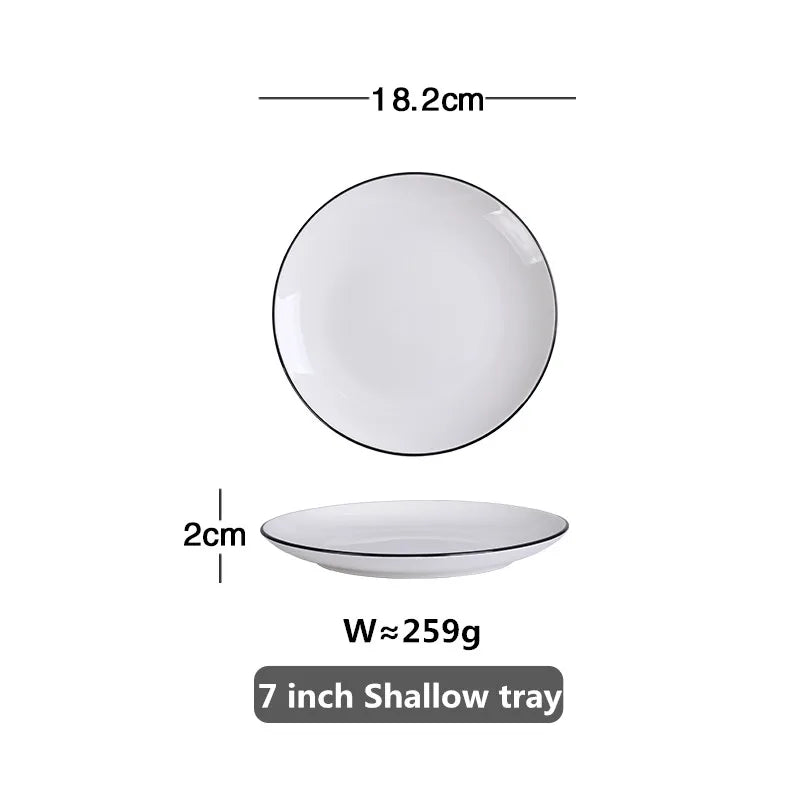 Modern Ceramic Dinner Plate – White Plate with Black Rim | Minimalist Round Dish for Rice, Salad, Pasta & Soup | Kitchen & Dining Tableware
