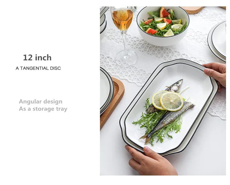 Modern Ceramic Dinner Plate – White Plate with Black Rim | Minimalist Round Dish for Rice, Salad, Pasta & Soup | Kitchen & Dining Tableware