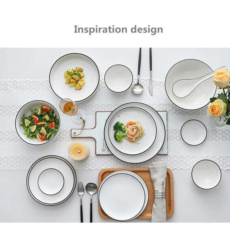 Modern Ceramic Dinner Plate – White Plate with Black Rim | Minimalist Round Dish for Rice, Salad, Pasta & Soup | Kitchen & Dining Tableware