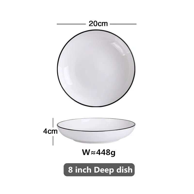 Modern Ceramic Dinner Plate – White Plate with Black Rim | Minimalist Round Dish for Rice, Salad, Pasta & Soup | Kitchen & Dining Tableware