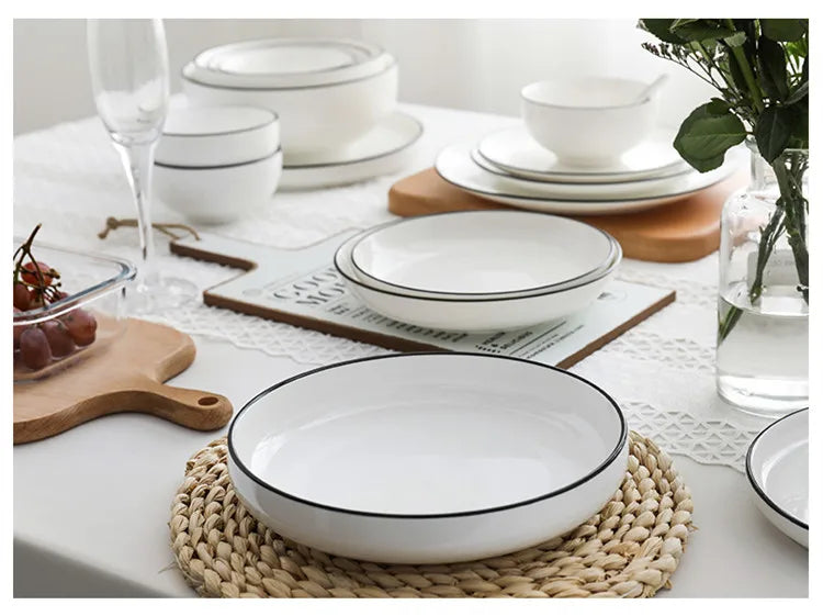 Modern Ceramic Dinner Plate – White Plate with Black Rim | Minimalist Round Dish for Rice, Salad, Pasta & Soup | Kitchen & Dining Tableware