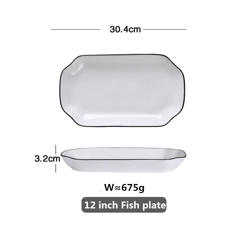 Modern Ceramic Dinner Plate – White Plate with Black Rim | Minimalist Round Dish for Rice, Salad, Pasta & Soup | Kitchen & Dining Tableware