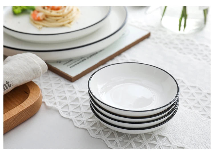 Modern Ceramic Dinner Plate – White Plate with Black Rim | Minimalist Round Dish for Rice, Salad, Pasta & Soup | Kitchen & Dining Tableware