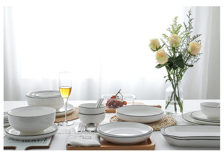 Modern Ceramic Dinner Plate – White Plate with Black Rim | Minimalist Round Dish for Rice, Salad, Pasta & Soup | Kitchen & Dining Tableware