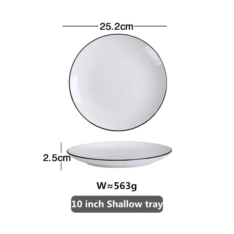 Modern Ceramic Dinner Plate – White Plate with Black Rim | Minimalist Round Dish for Rice, Salad, Pasta & Soup | Kitchen & Dining Tableware