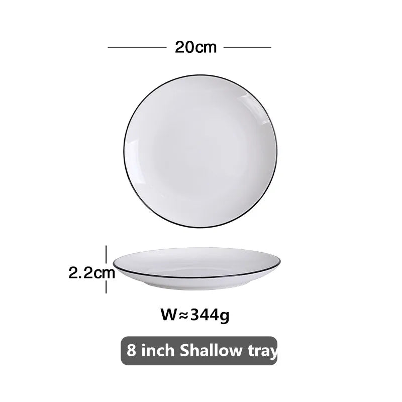 Modern Ceramic Dinner Plate – White Plate with Black Rim | Minimalist Round Dish for Rice, Salad, Pasta & Soup | Kitchen & Dining Tableware
