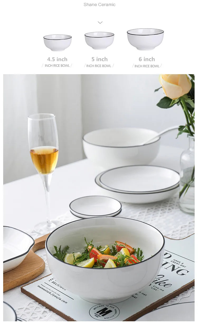 Modern Ceramic Dinner Plate – White Plate with Black Rim | Minimalist Round Dish for Rice, Salad, Pasta & Soup | Kitchen & Dining Tableware