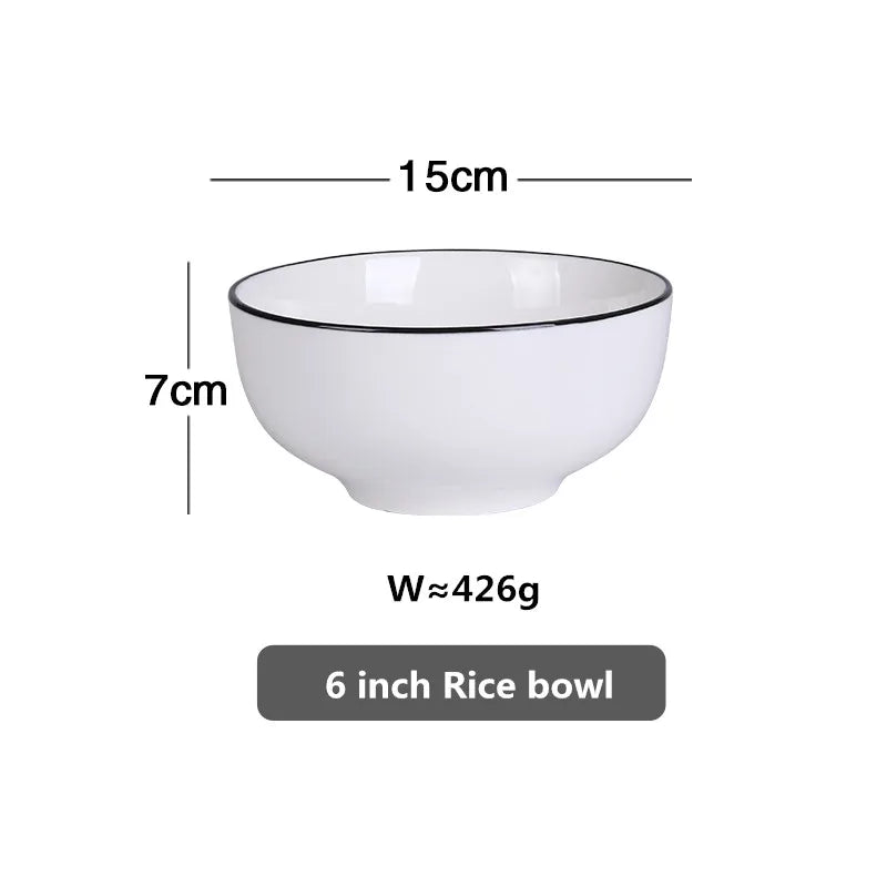 Modern Ceramic Dinner Plate – White Plate with Black Rim | Minimalist Round Dish for Rice, Salad, Pasta & Soup | Kitchen & Dining Tableware