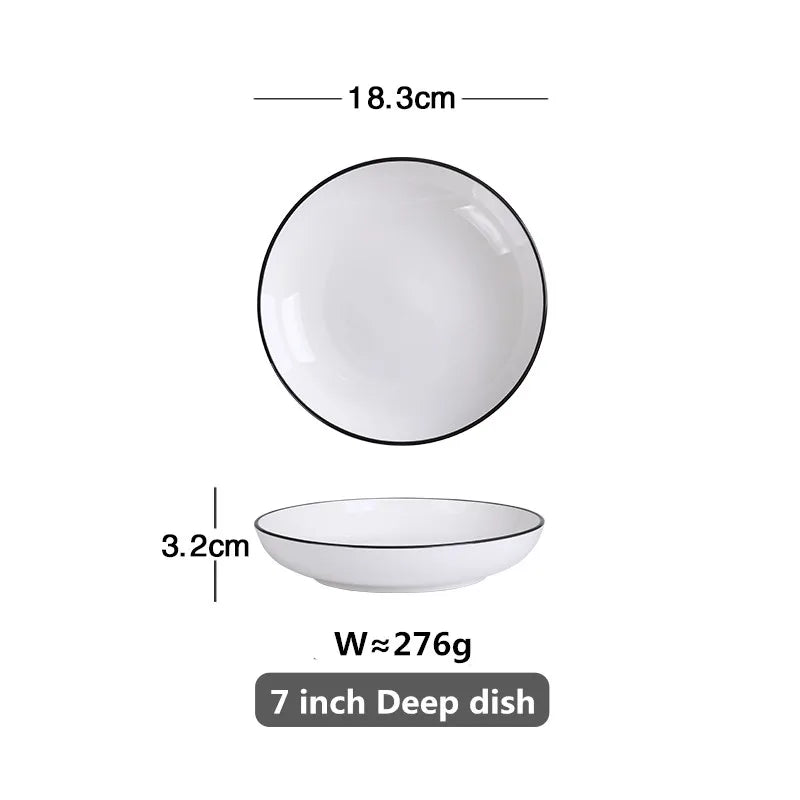 Modern Ceramic Dinner Plate – White Plate with Black Rim | Minimalist Round Dish for Rice, Salad, Pasta & Soup | Kitchen & Dining Tableware
