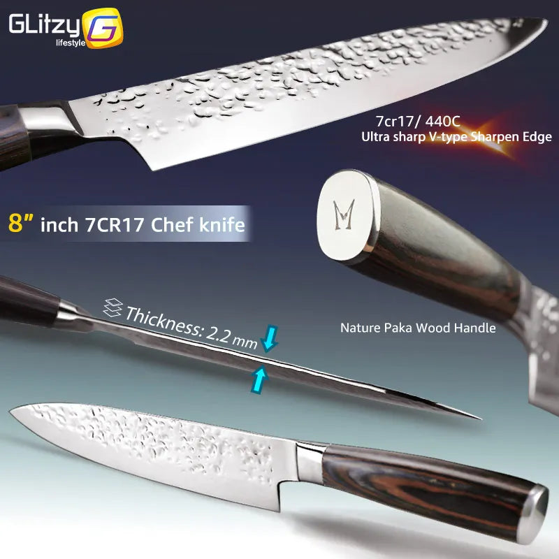 Japanese Chef Knife Set – 7CR17 High Carbon Stainless Steel Kitchen Knives | Ultra Sharp Santoku, Utility & Cleaver with Pakka Wood Handle