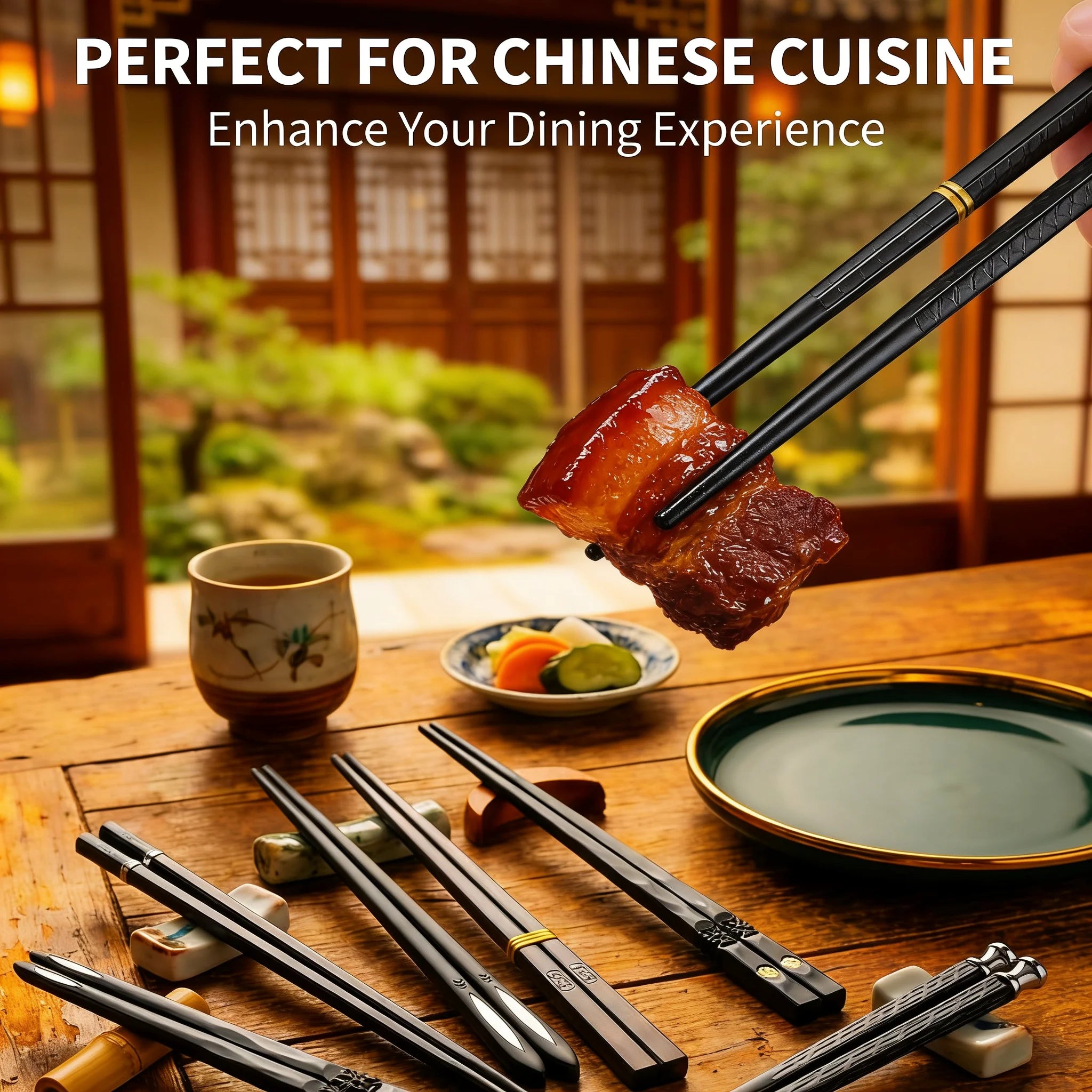 5-Piece Black Chopsticks Set – Reusable Durable Kitchen Tableware | Lightweight Non-Slip Chopsticks for Home, Sushi, Ramen & Asian Cuisine