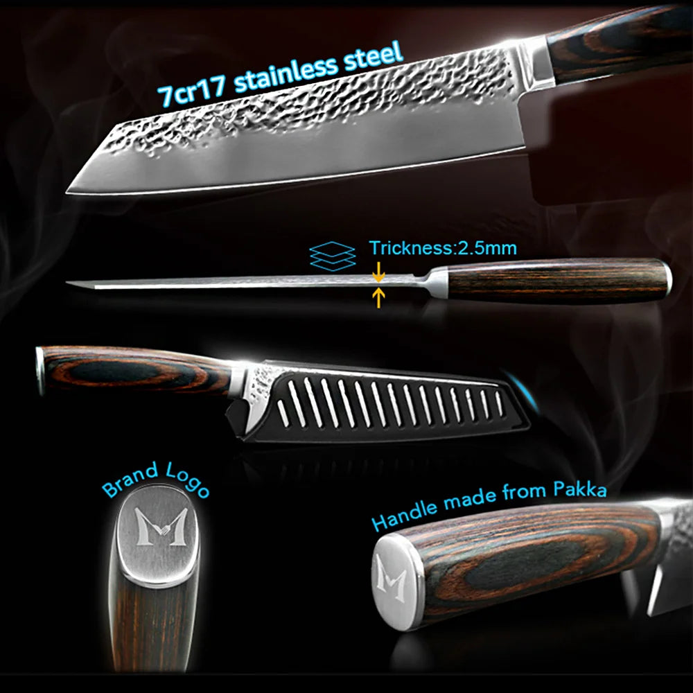 Japanese Chef Knife Set – 7CR17 High Carbon Stainless Steel Kitchen Knives | Ultra Sharp Santoku, Utility & Cleaver with Pakka Wood Handle