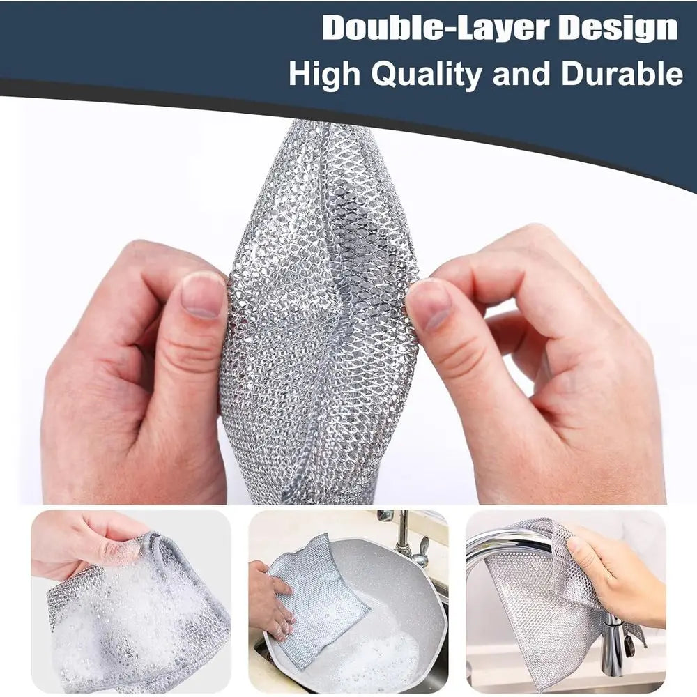 10-Pack Steel Wire Dish Scrubbers – Double-Layer Non-Scratch Cleaning Cloths | Heavy Duty Kitchen Sponge for Pots, Pans, Sinks & Cookware Cleaning