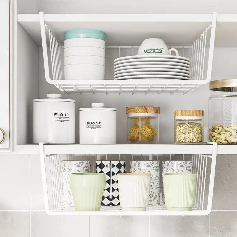 Multi-Functional Hanging Storage Basket – Iron Under-Shelf Organizer Rack | Kitchen, Bathroom & Makeup Storage Holder for Cabinets, Pantry & Counter Space Saving
