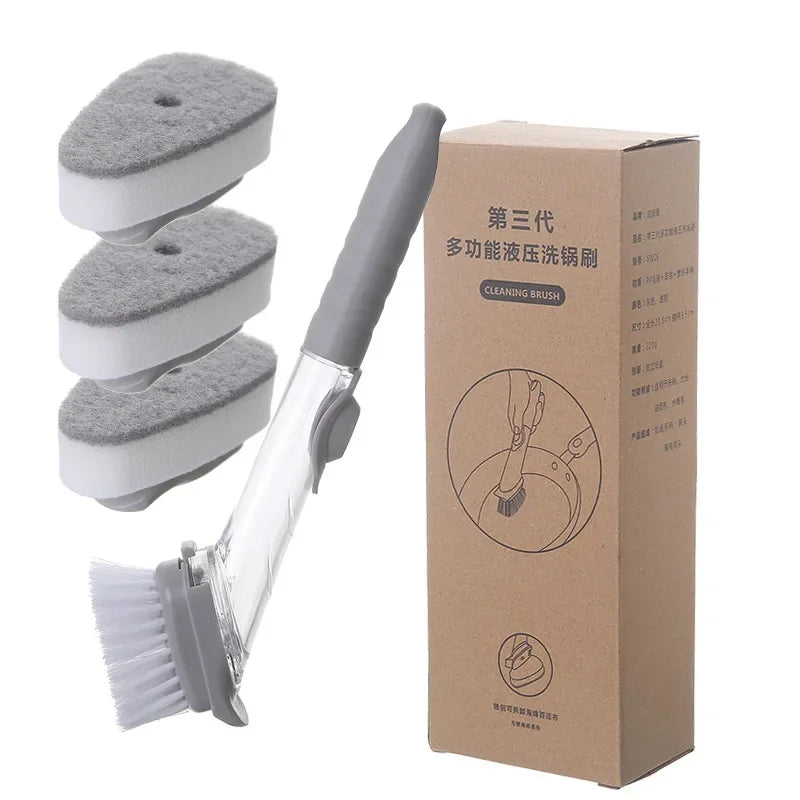 2-in-1 Soap Dispenser Kitchen Cleaning Brush – Long Handle Dish Scrubber with Sponge & Scraper | Leak-Proof Dishwashing Brush for Pots, Sink & Kitchen Cleaning