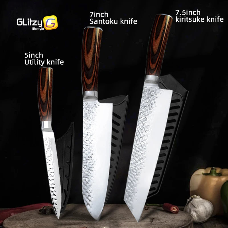 Japanese Chef Knife Set – 7CR17 High Carbon Stainless Steel Kitchen Knives | Ultra Sharp Santoku, Utility & Cleaver with Pakka Wood Handle