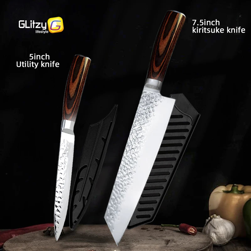 Japanese Chef Knife Set – 7CR17 High Carbon Stainless Steel Kitchen Knives | Ultra Sharp Santoku, Utility & Cleaver with Pakka Wood Handle