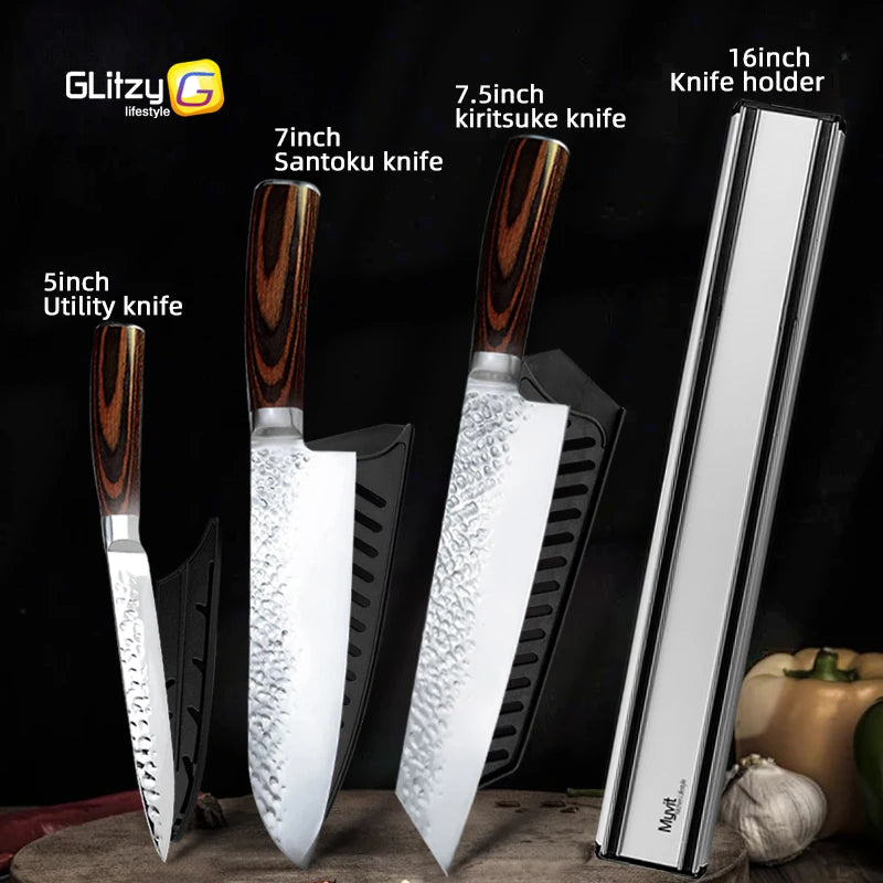 Japanese Chef Knife Set – 7CR17 High Carbon Stainless Steel Kitchen Knives | Ultra Sharp Santoku, Utility & Cleaver with Pakka Wood Handle