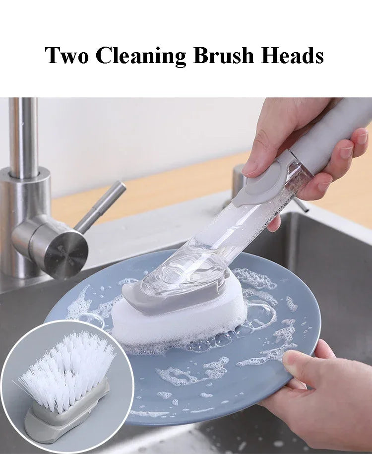 2-in-1 Soap Dispenser Kitchen Cleaning Brush – Long Handle Dish Scrubber with Sponge & Scraper | Leak-Proof Dishwashing Brush for Pots, Sink & Kitchen Cleaning