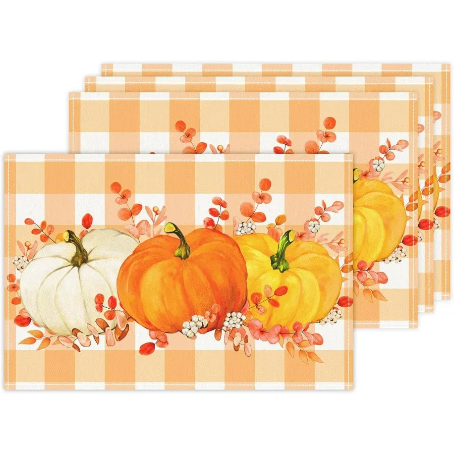 Set of 4 Fall Placemats 12x18 Inch – Autumn Pumpkin Table Mats for Thanksgiving & Holiday Decor | Heat-Resistant Kitchen Dining Table Protectors