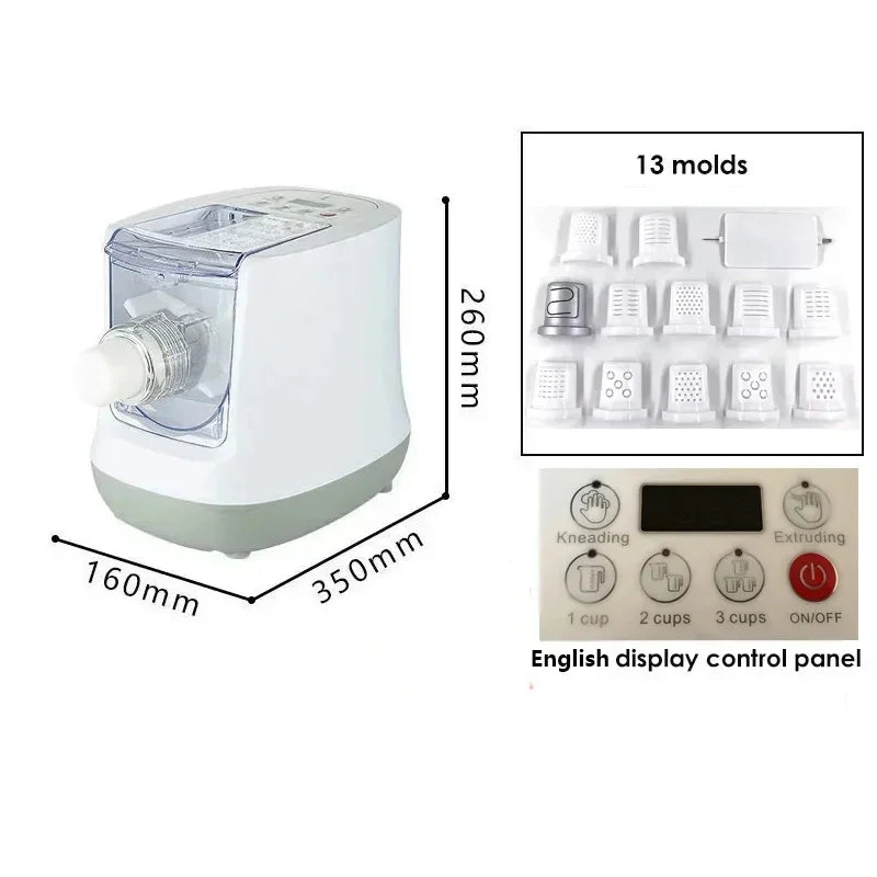 Electric Automatic Noodle Maker Machine – 220V Multifunction Pasta & Dumpling Maker | Dough Kneading, Pressing & Roller Kitchen Appliance with 6 Molds