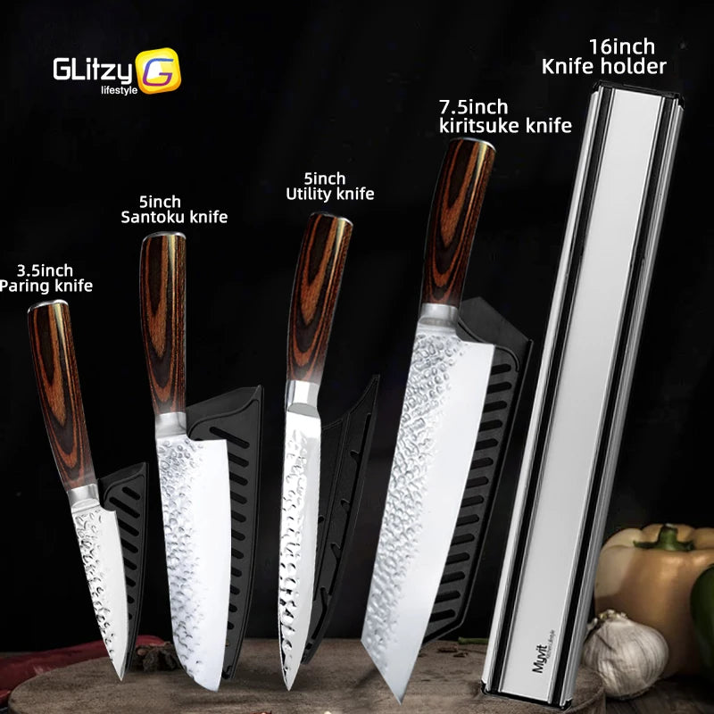 Japanese Chef Knife Set – 7CR17 High Carbon Stainless Steel Kitchen Knives | Ultra Sharp Santoku, Utility & Cleaver with Pakka Wood Handle