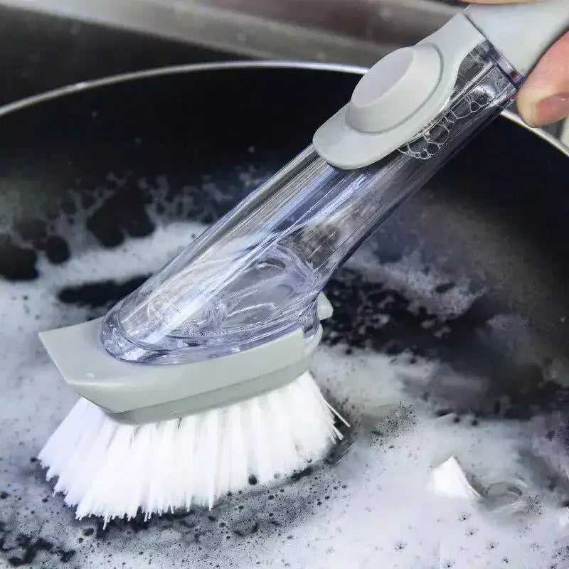 2-in-1 Soap Dispenser Kitchen Cleaning Brush – Long Handle Dish Scrubber with Sponge & Scraper | Leak-Proof Dishwashing Brush for Pots, Sink & Kitchen Cleaning