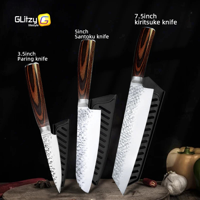 Japanese Chef Knife Set – 7CR17 High Carbon Stainless Steel Kitchen Knives | Ultra Sharp Santoku, Utility & Cleaver with Pakka Wood Handle