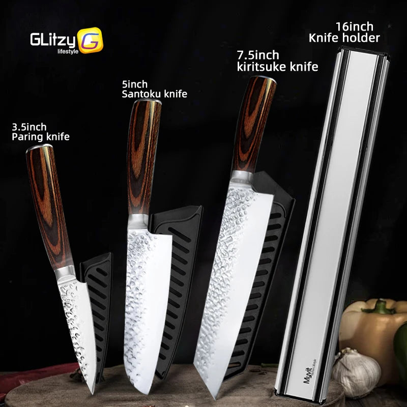 Japanese Chef Knife Set – 7CR17 High Carbon Stainless Steel Kitchen Knives | Ultra Sharp Santoku, Utility & Cleaver with Pakka Wood Handle