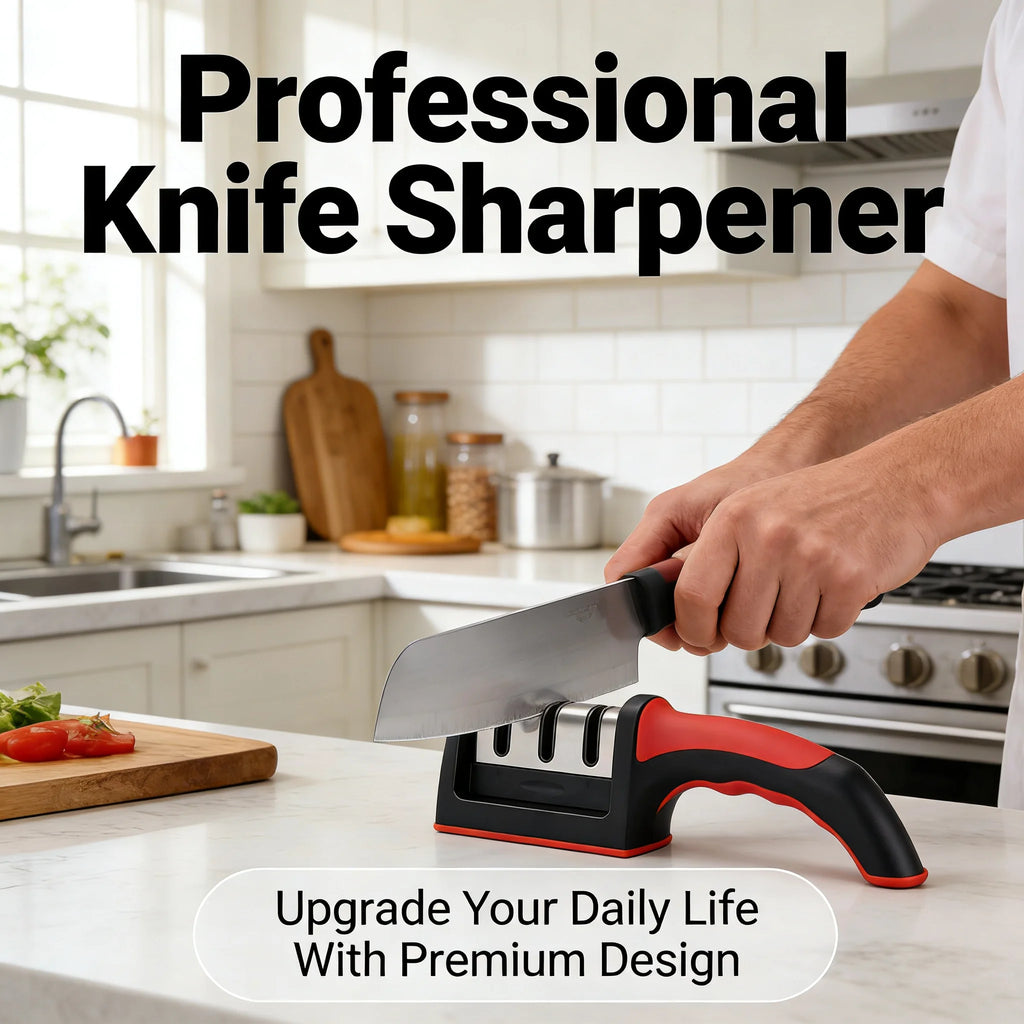 3-Stage Knife Sharpener – Manual Kitchen Knife Sharpening Tool with Non-Slip Handle | Professional Blade Restorer for Dull Knives & Home Cooking