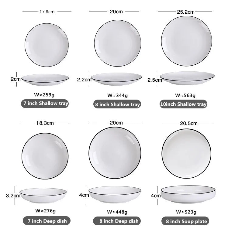Modern Ceramic Dinner Plate – White Plate with Black Rim | Minimalist Round Dish for Rice, Salad, Pasta & Soup | Kitchen & Dining Tableware