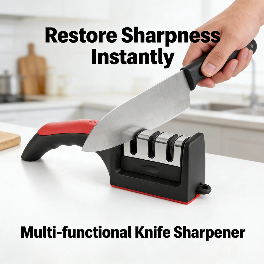 3-Stage Knife Sharpener – Manual Kitchen Knife Sharpening Tool with Non-Slip Handle | Professional Blade Restorer for Dull Knives & Home Cooking