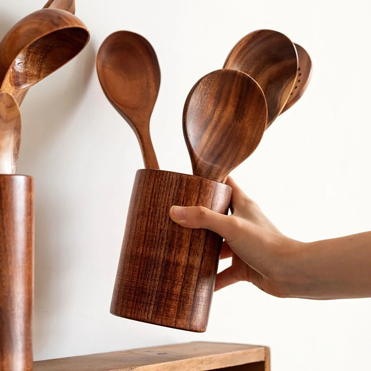 Wooden Kitchen Utensil Set with Holder – Natural Cooking Tools Set | Spatula, Spoon, Fork & Stirring Tools for Non-Stick Cookware