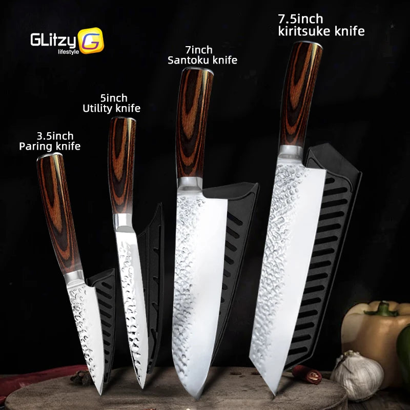 Japanese Chef Knife Set – 7CR17 High Carbon Stainless Steel Kitchen Knives | Ultra Sharp Santoku, Utility & Cleaver with Pakka Wood Handle